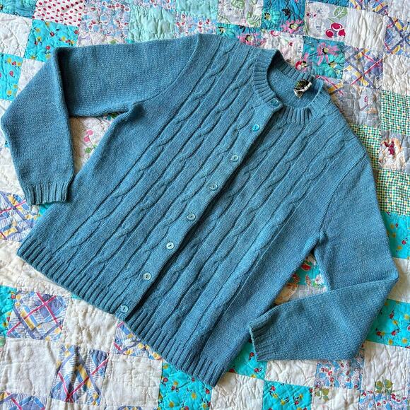 Vintage 50s/60s Powder Blue Heathered Wool Lightweight Cable Knit Cardigan S - Picture 1 of 7